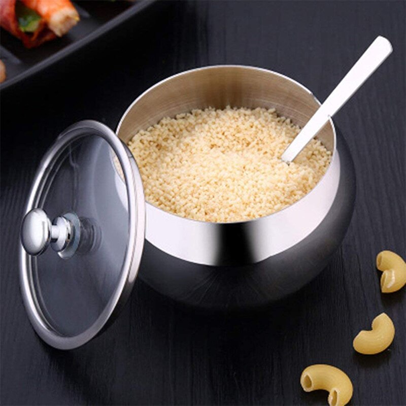 Kitchen Stainless Steel Sugar Bowl With Lid And Spoon Portable Sugar Box Container Cooking Sugar Seasoning Jar Storage Tools