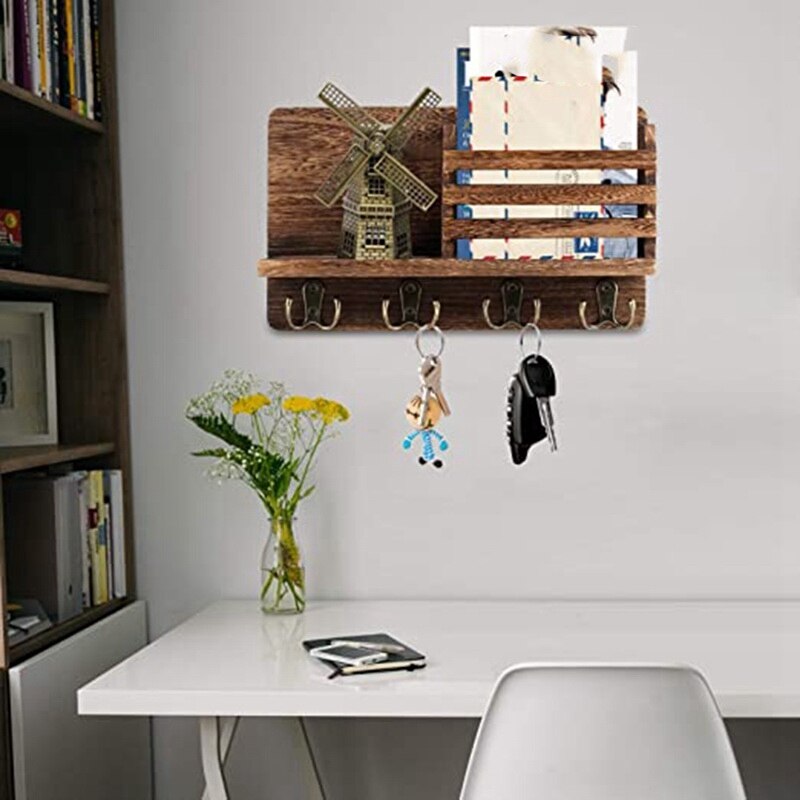 Entryway Mail Envelope Organizer with 4 Key Hooks Wall Mounted, Rustic Wood Mail Holder Shelf with Key Hooks for Wall