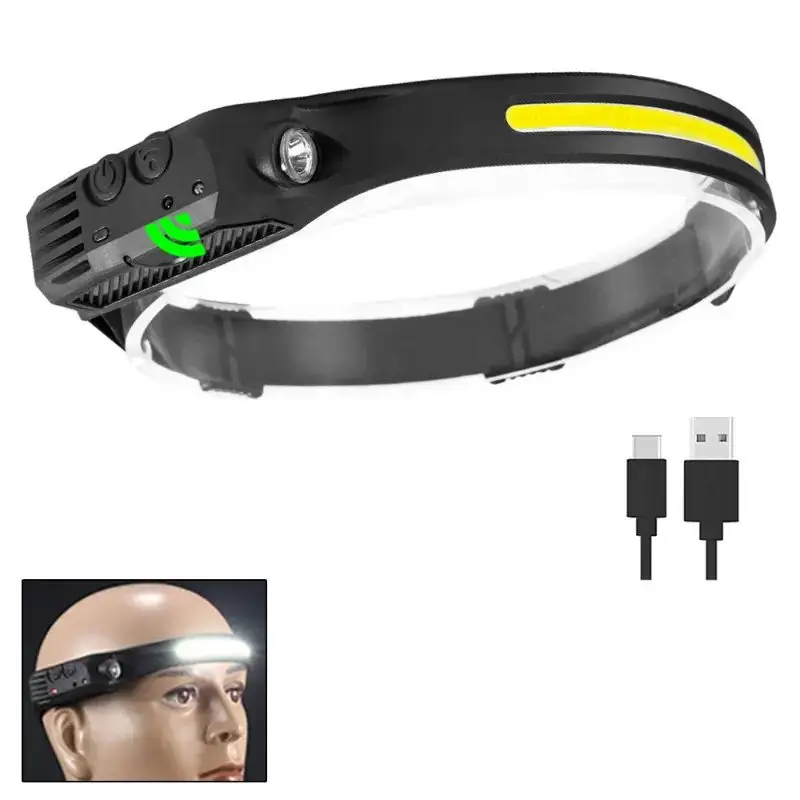 COB LED-sensorkoplamp Inductiezaklamp Ingebouwde batterij USB Oplaadbaar Waterdicht Kamperen Vissen Buitenlantaarn Zaklamp: Black