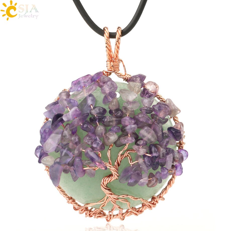 CSJA Natural Cabochon Stone Tree of Life Pendant Rose Gold Color Wire Wrap Chip Bead Wisdom Tree Healing Women Men Necklace G193: Aventurine Chain