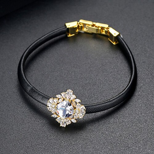 LUOTEEMI Trend Leather Simple Geometric Zircon Bead Handmade Charm Bracelets &amp; Bangles for Women Trendy Black PU Leather Jewelry: B18041633-K