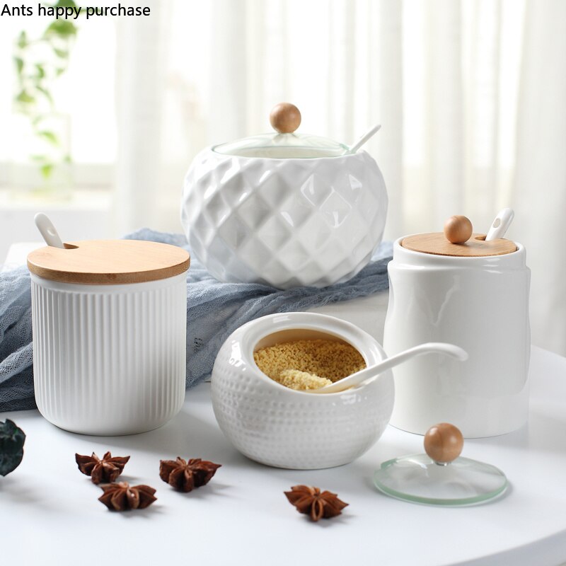 Single Pot Single Tank Ceramic Seasoning Jar Salt Shaker Oiler Kitchen Supplies Chinese Household Seasoning Box with Spoon Lid