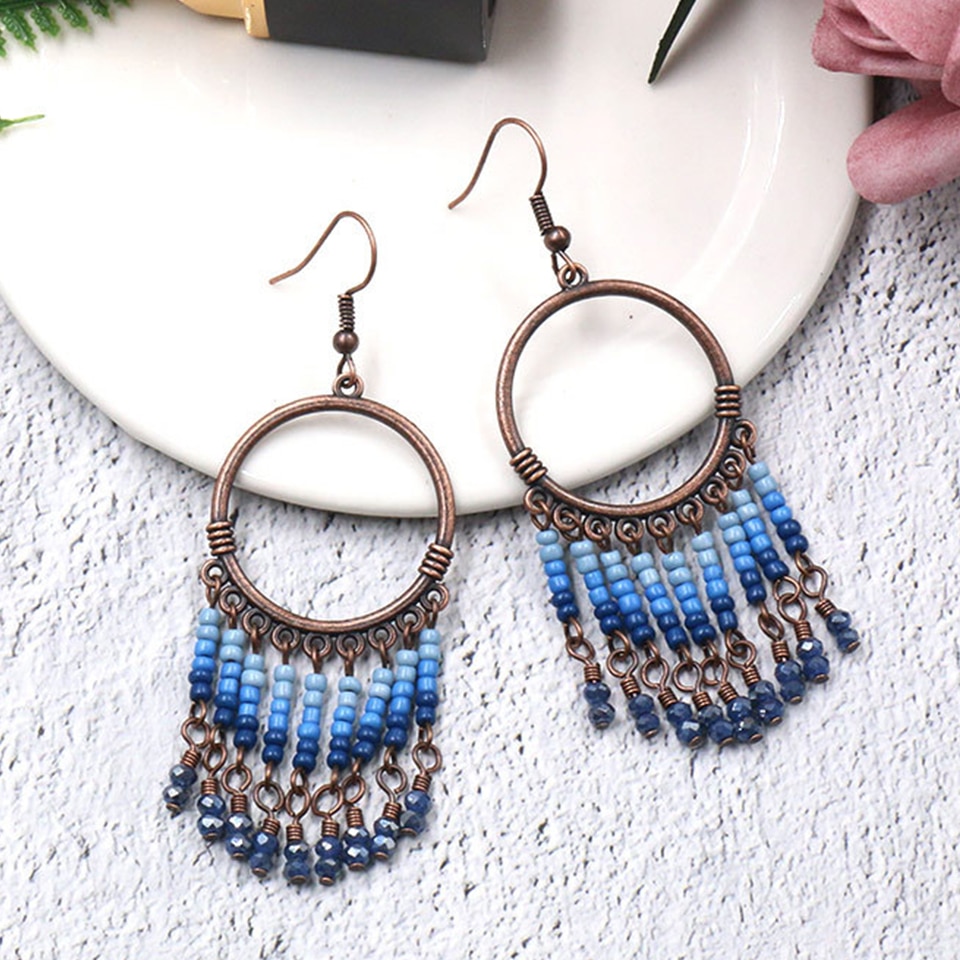 Vintage Round India Boho Ethnic Beads Dangle Tassel Earrings for Women Female Hanging Earrings Jewelry Accessories