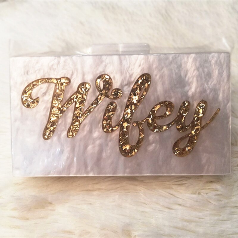 Pearl White Gold Glitter Name Wifey Letter Acrylic Box Clutches Women Brand Shoulder Evening Party Lady Summer Beach Acrylic Bag: gold glitter