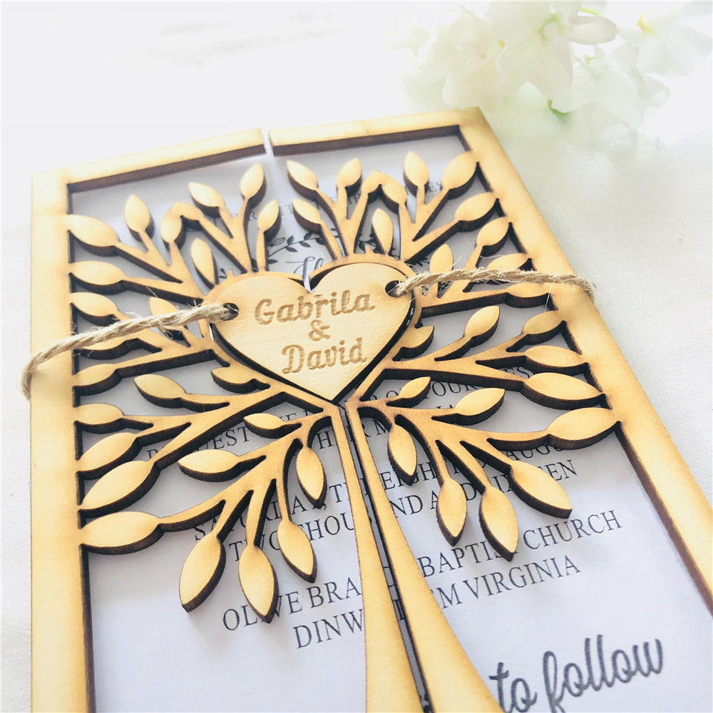 Invitations de mariage personnalisées en bois | Invitations de mariage et de fiançailles personnalisées faites à la main, cartes d'invitation gravées d'arbre de mariage