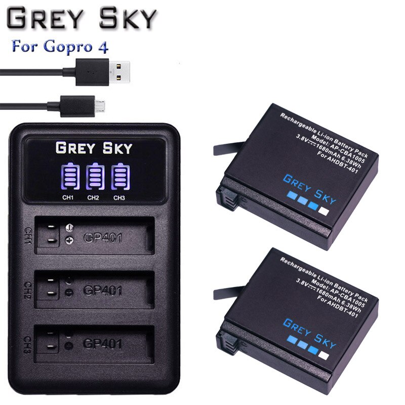 4 Uds. Batería AHDBT-401 de 1680mAh para Gopro Hero 4 batería AHDBT401 go pro 4 + cargador USB LED de 3 puertos para cámara GoPro Hero4 HERO4: Charger and 2battery
