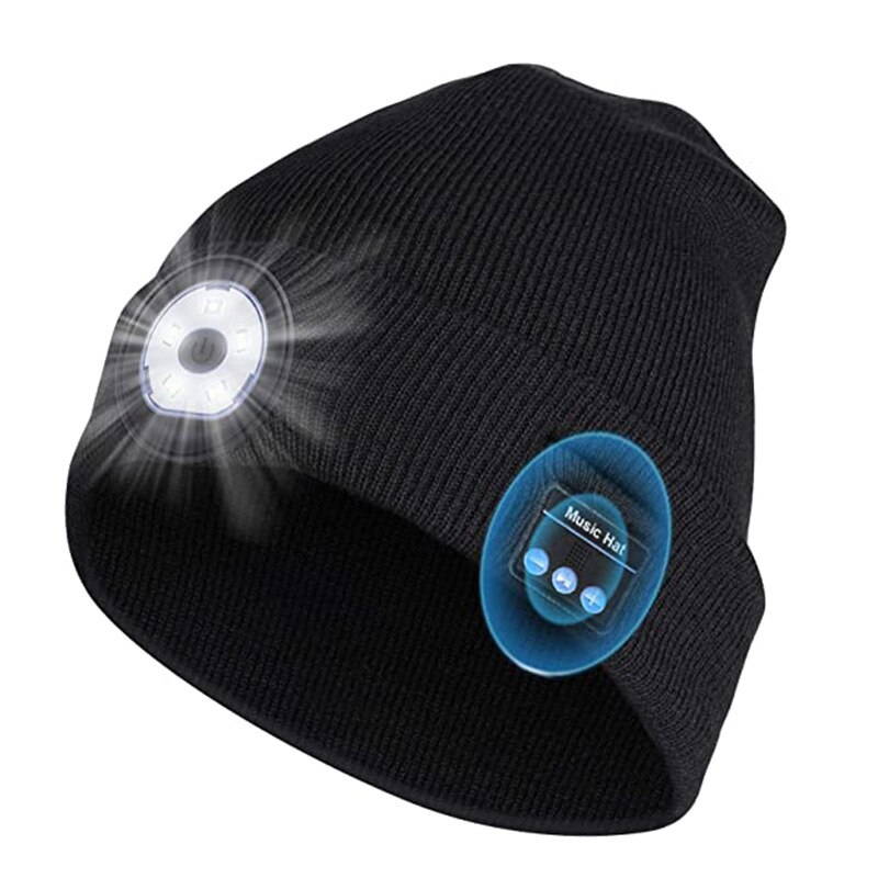 5.0 Bluetooth Gebreide Muts Outdoor Night Running Cap Night Vissen Led Lamp Verlichting Bluetooth Cap Jongen Meisje Bluetooth Kleine Hoed: Black