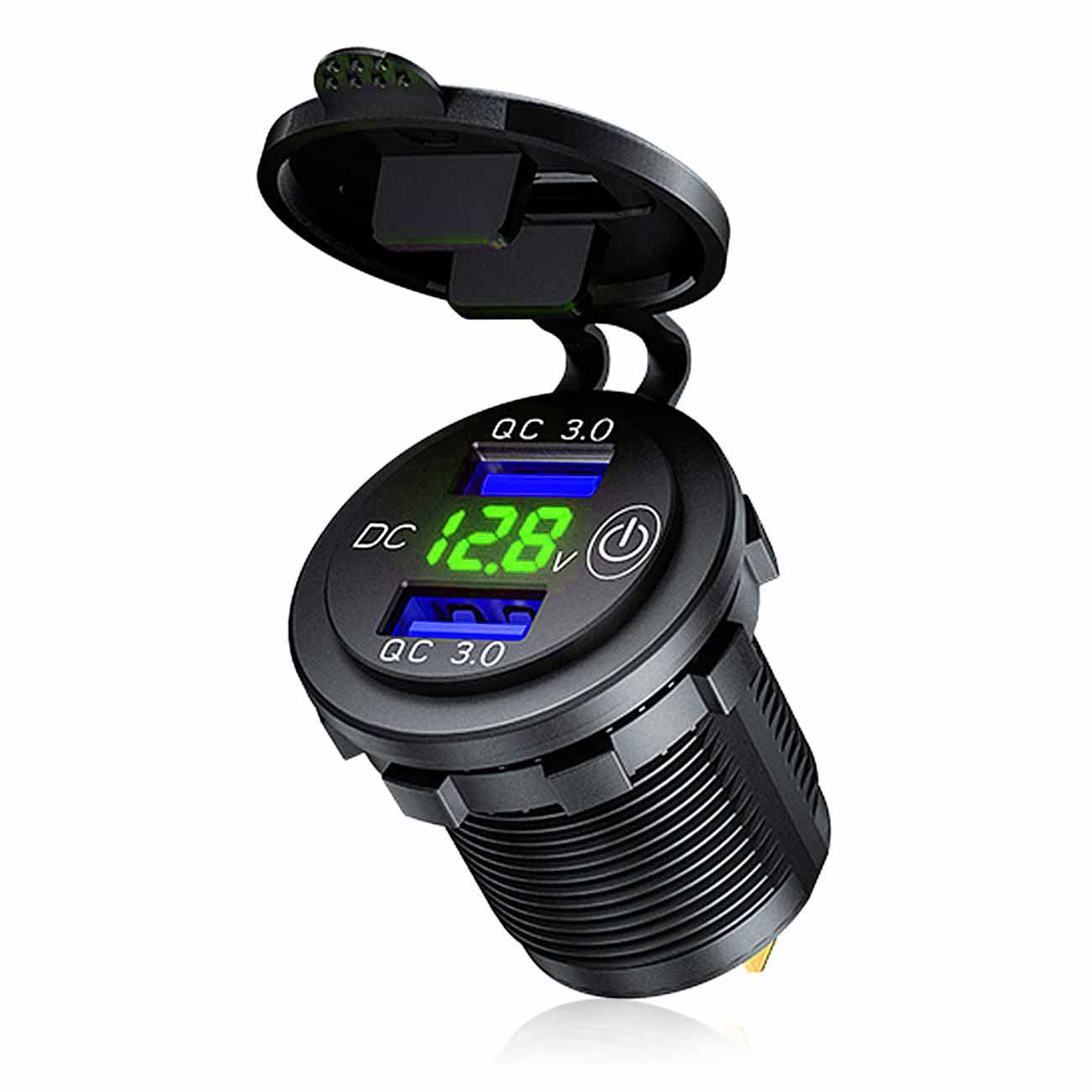 Dual USB Quick Charge Socket With Touch Switch LED Voltmeter Display Splitter Cigarette Lighter 12V-24V QC3.0 Power Adapter: green light