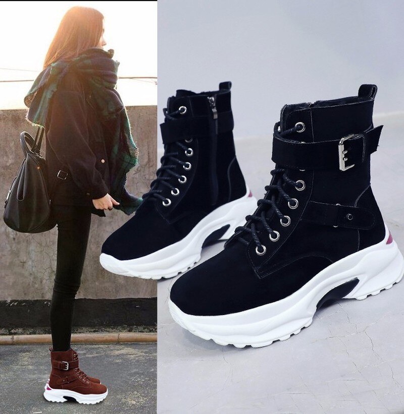 Grande taille en peluche bottes d'hiver grosses baskets bottines femmes chaussures femme à lacets fermeture éclair boucle épaisse semelle plate-forme chaussures