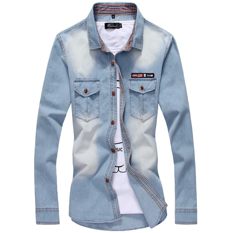 Two Front Pockets Spring Autumn Men Denim Shirt Long Sleeve Soft 100% Cotton Slim Jeans Cowboy Slim Shirt 5XL: Sky Blue / XXL