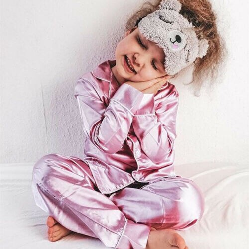 Småbørn baby dreng pige silke satin top bukser pyjamas lange ærmer solid button-down pyjamas satin sæt barn nattøj natkjole