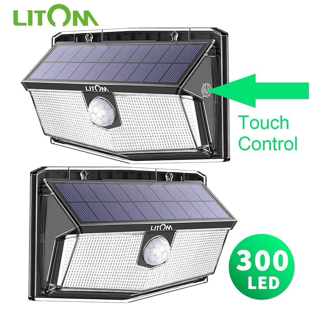 Upgraded Touch Switch Solar Lights 2PCS LITOM 300 LED Solar Lights PIR Motion Sensor Lights IP67 Waterproof 4 Intelligent Modes
