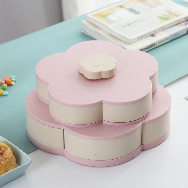 Bloemblaadje-Vorm Roterende Plastic Opbergdoos voor Zaden Noten Snoep Droge Vruchten Case Pruim Soort Lunch Container voor Kinderen bescherm Fruit: pink Double-layer