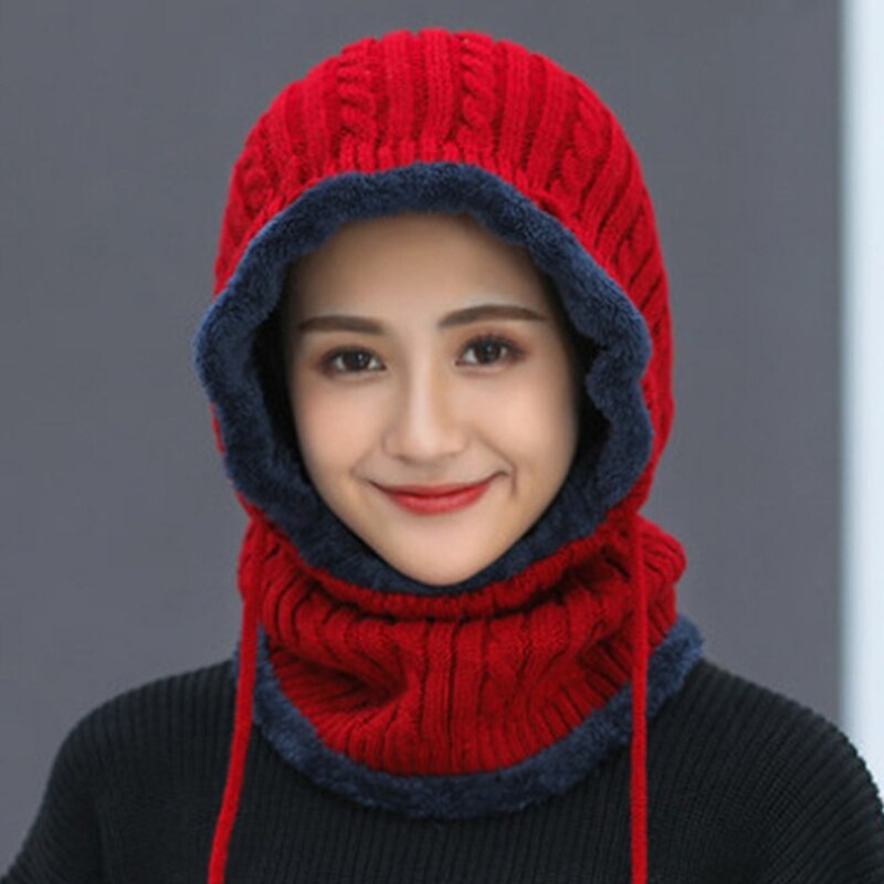Pasamontañas de punto con Cable para mujer, gorro térmico forrado de felpa, a prueba de viento, con cordón, cubierta completa, capucha, bufanda, Invierno