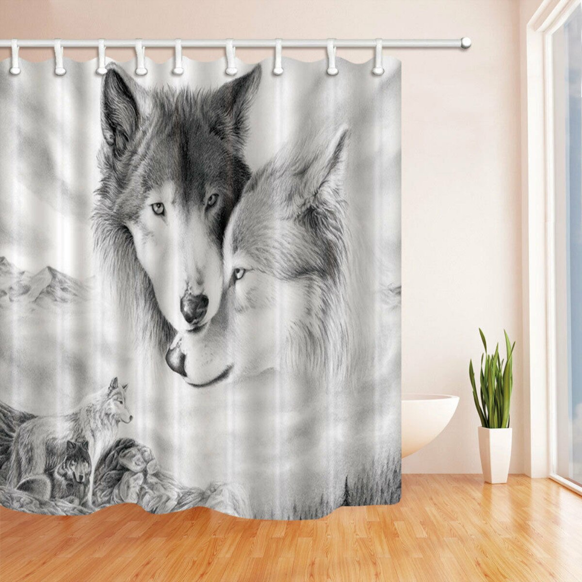 180x180cm 1 Pc/3 pièces/4 pièces blanc loup attrapeur de rêves yeux de loup avec 12 crochets salle de bain rideau de douche tapis de toilette couvercle tapis ensembles de rideaux: 2 Wolves 1Pc