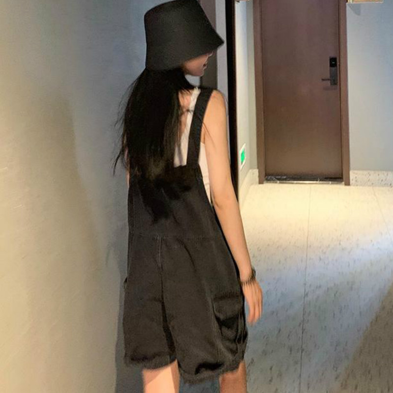 Rompers Women Plus Size 3XL Black Denim Loose BF Streetwear Wide-leg Preppy Students Casual Chic Summer Playsuits