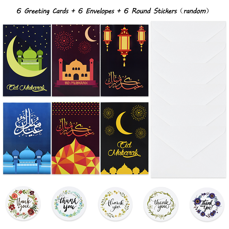 Tarjetas de Felicitación de papel Eid Mubarak con pegatina de sobre, carta de invitación, papel musulmán para de Ramadán, suministros escolares de oficina, 6 piezas: B03