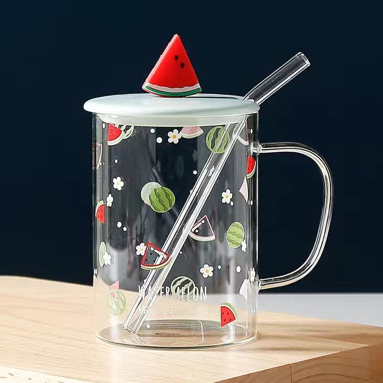 500ml glas vattenkopp mugg kontor kaffekopp hem vinglas söt frukt tryck silikon kopp lock #39 kopp porslin: Kopp lock sugrör 3