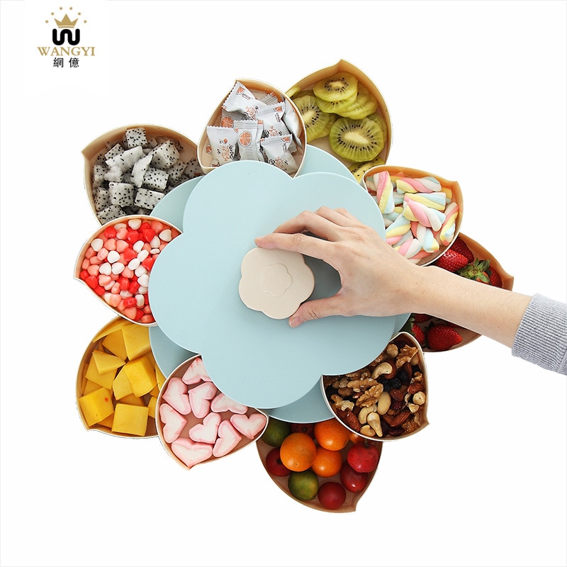 Double Layer Petal Shaped Rotating Candy Box Dish Snacks Tray Five Grid Dried Fruit Case Plastic Container