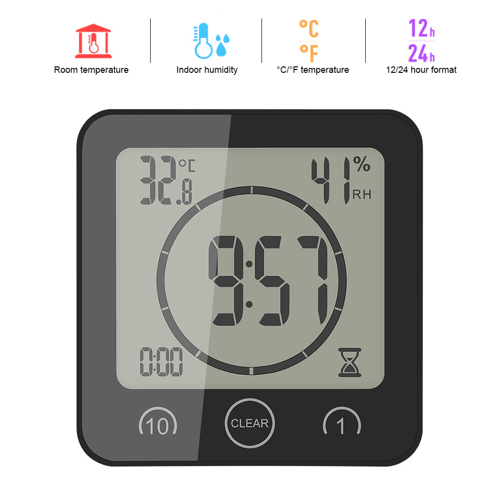 1-10 Minuten Countdown Waterdichte Digitale Lcd Display Wandklok Met Ondersteuning Sucker Thermometer Hygrometer Voor Badkamer: Black