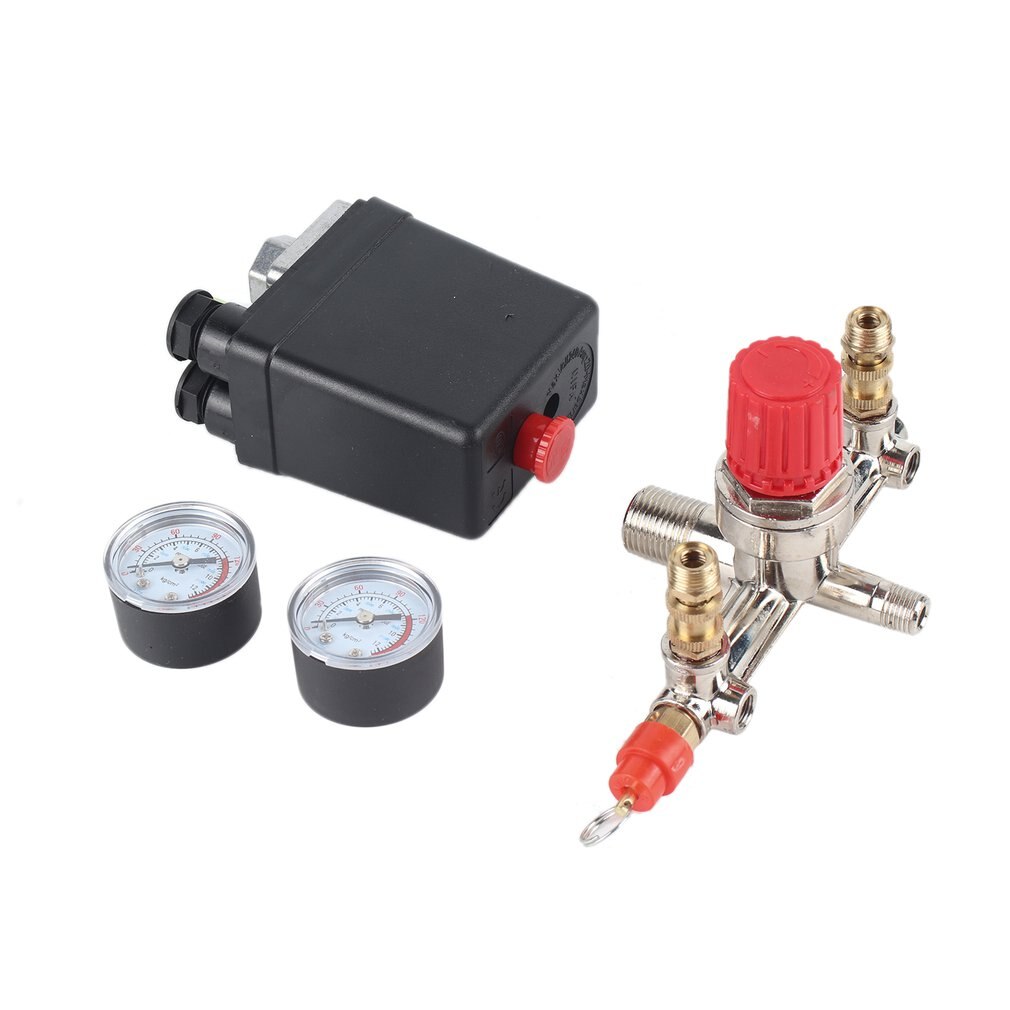 Air Compressor Switch Adjustable Pressure Switch Pressure Regulating with 2 Press Gauges Valve Control Set 230V