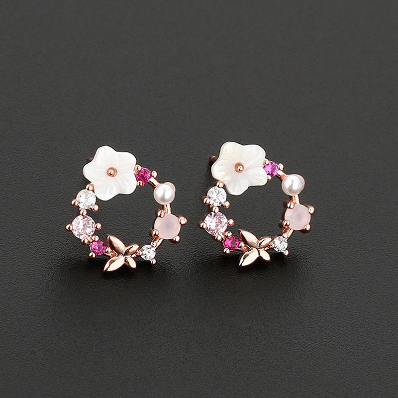 Joli anneau de fleur en Zircon, avec coquille de feuille de cristal, bijoux en coquille romantique en or Rose, taille ajustable, pour femmes et filles