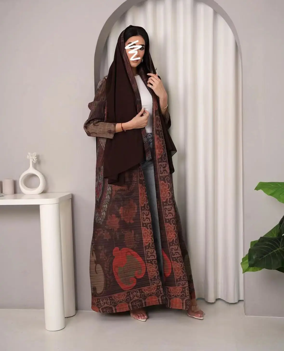 KAF Plissee Frauen Graben Mantel Jahrgang Gedruckt Strickjacke verlieren Plus Größe Frauen Lange Kleid Dubai Weibliche Luxus Abaya 2024