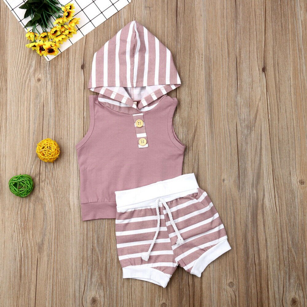 Baby Zomer Kleding Peuter Baby Meisje Jongen Casual Kleding Sets Hooded Streep Tops Vest Korte Broek Outfits 2 Stuks set 0-18 M