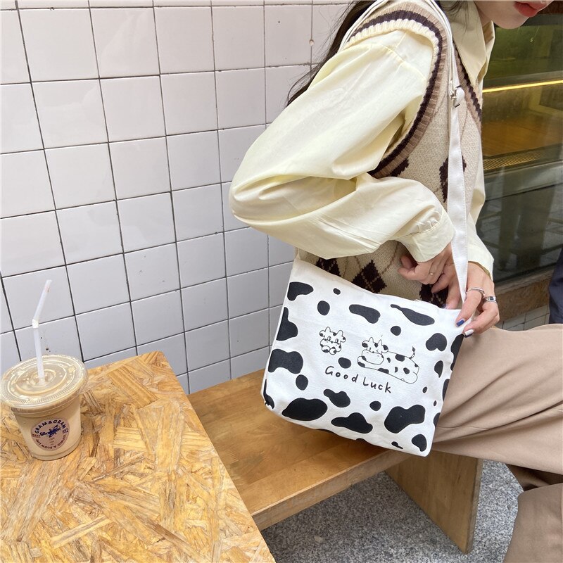 Cute Cartoon Cow Canvas Tote Bag for Women Female Student Shoulder Crossbody Bag Small Woman Purses and Handbags Single
