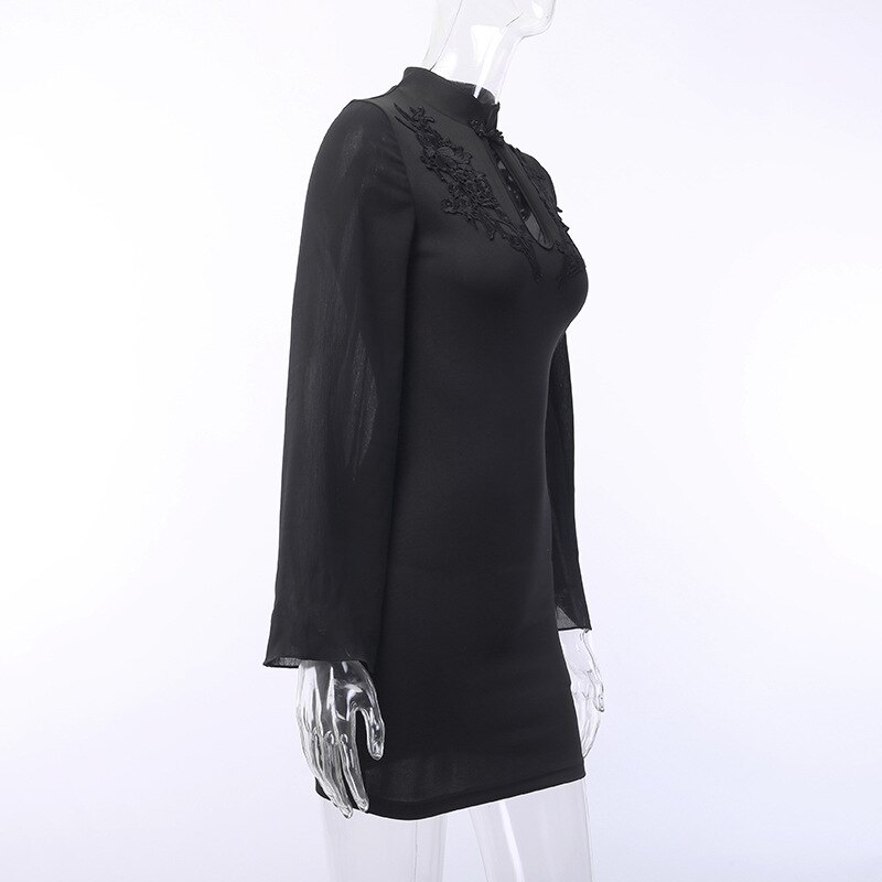 Donkerzwarte vintage gothic lolita jurken dames flare lange mouwen punk chique jurk esthetische herfst winter cheongsam
