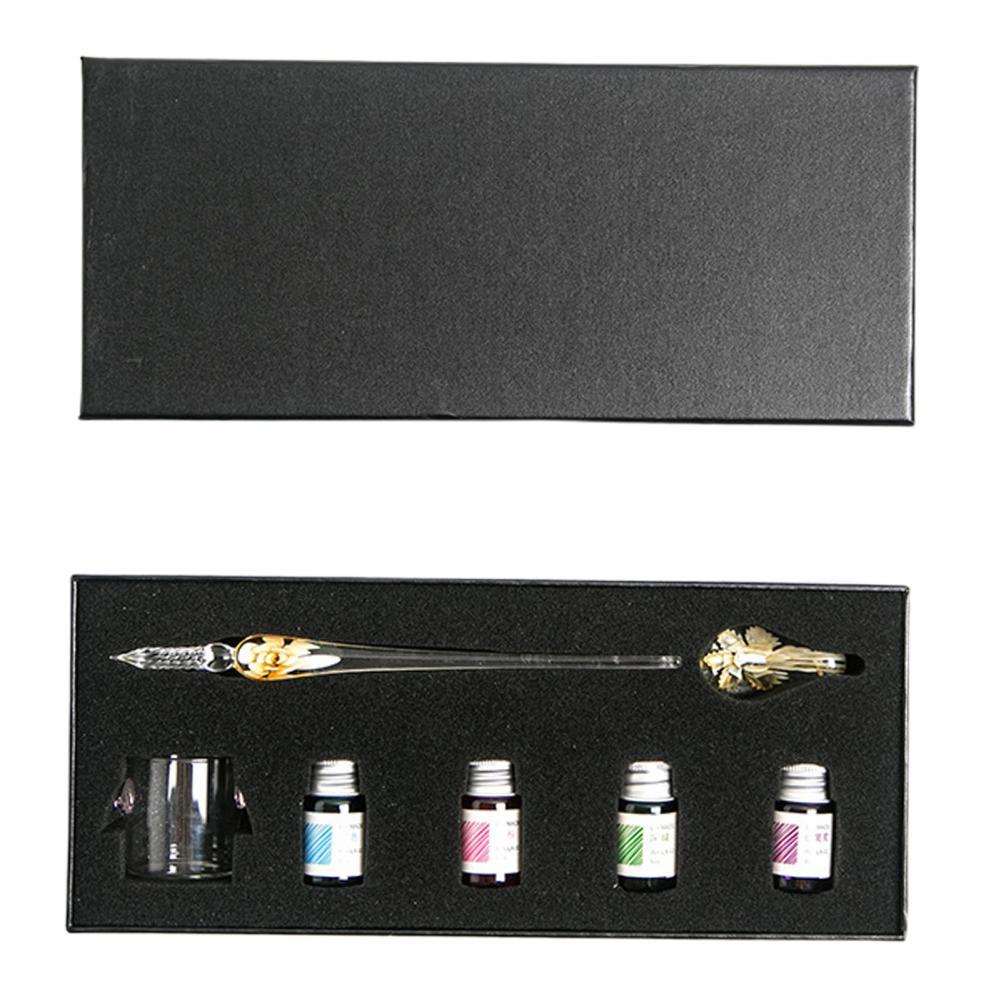 1 Set Glass Dip Pen with Ink Floral Glossy Fountain Pen Kit Smooth Writing Threaded Nib Crystal Ink Pen Set перо для письма 글라스펜: 7 Yellow