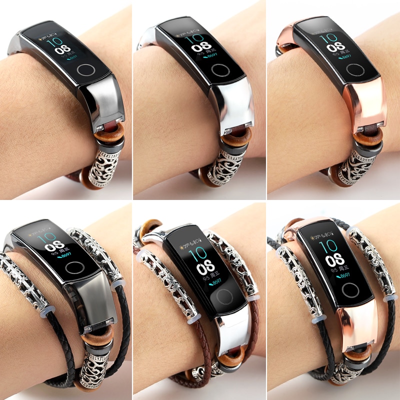 Pulsera de cuero para HONOR Band 5 4 Correa Metal acero inoxidable decoración para HUAWEI HONOR Band 5 Correa pulseras Accesorios