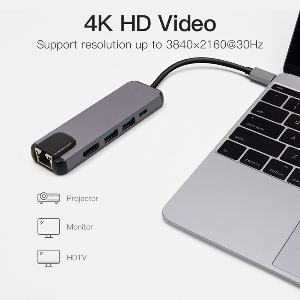 Erweiterung Konverter Adapter Koppler Typ C Docking Bahnhof 5 in 1 Hub Konverter 4K HDMI-kompatibel 2 USB 3,0 LAN RJ45 Adapter