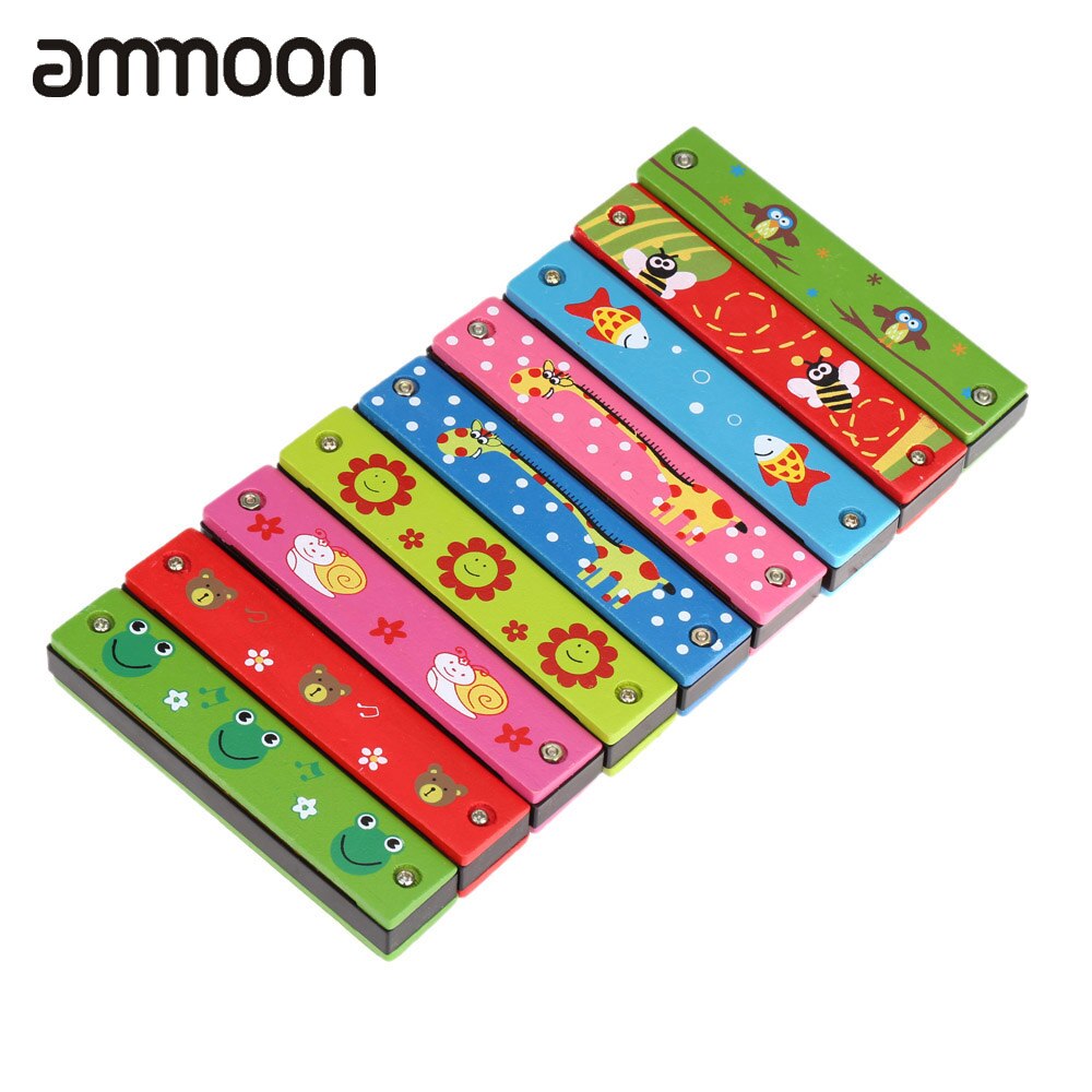 Top Harmonica 16 Holes Kids Musical Instrument Educational Toy Wooden Cover Colorful Free Reed Wind Instrument