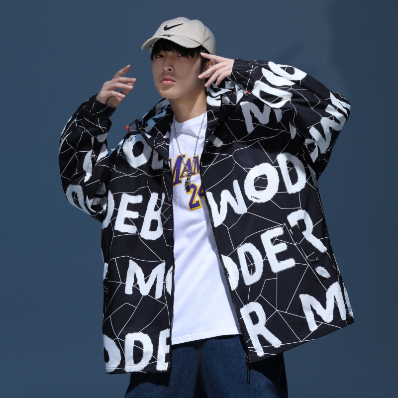 Abrigo cortavientos de estilo universitario para hombre, chaqueta de gran tamaño con cremallera y estampado de tendencia coreana, ropa de calle Hip Hop que combina con todo, primavera y otoño, 2022: Black / S-Weight-50-57.5kg