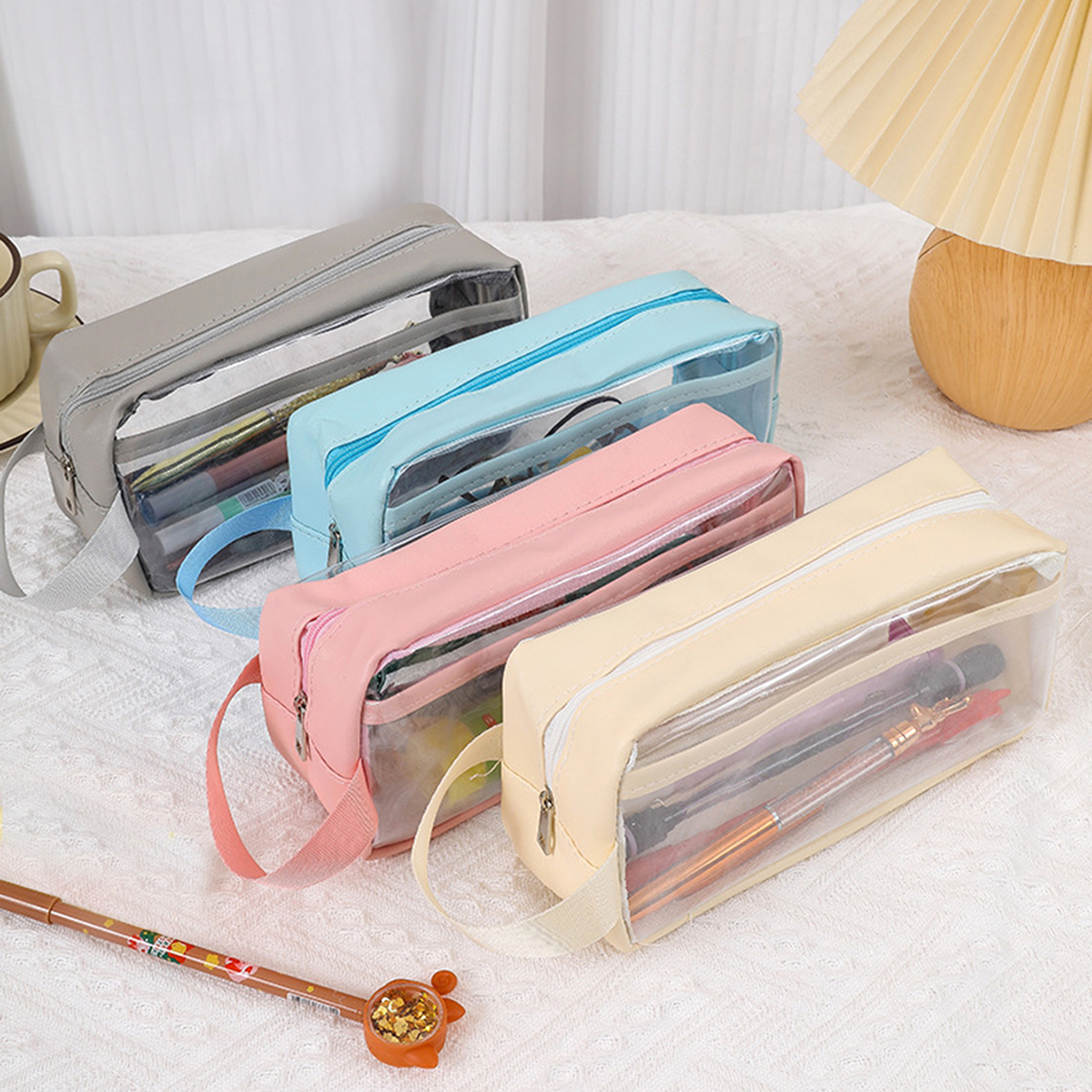 1 szt. piórnik w kształcie makaronika, przezroczysty, wodoodporny piórnik, stylowe i przenośne przybory szkolne, niezbędne przed rozpoczęciem roku szkolnego