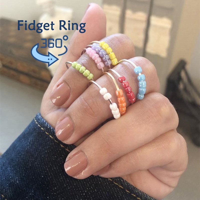 Anillo giratorio con cuentas de colores para niña y mujer, juguete de anillo antiestrés y ansiedad, espiral, giratoria
