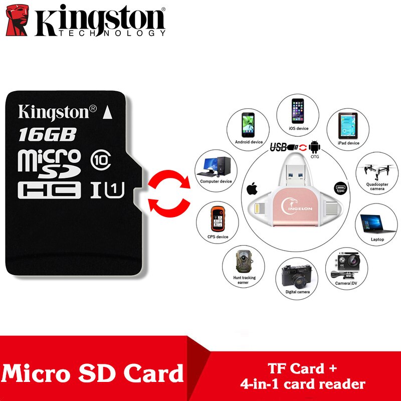 Kingston Microsd 8gb 16gb 32gb 64gb 128gb 256gb Scheda di Memoria Class 10 SDHC TF card Con Adattatore Della Carta/Reader per iphone e Computer Portatile: TF16-R015-Reader