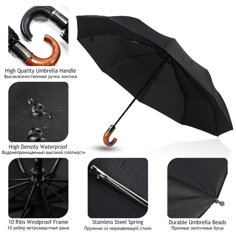 Wind Resistant Automatic Umbrella Rain Women 10K Folding Leather Wood Handle Umbrella Men Business Large British Style Umbrella
