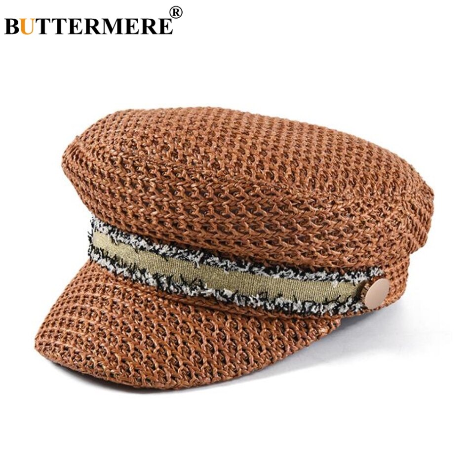 BUTTERMERE Straw Newsboy Cap Women Baker Boy Hat Female Khaki British Style Retro Brand Spring Summer Octagonal Cap