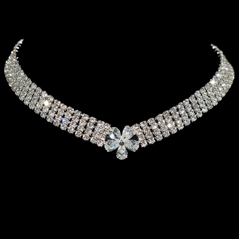 Collar de cadena con circonita para mujer, Gargantilla con flores chapadas en Plata brillante, Gargantilla con diamantes de imitación para boda y