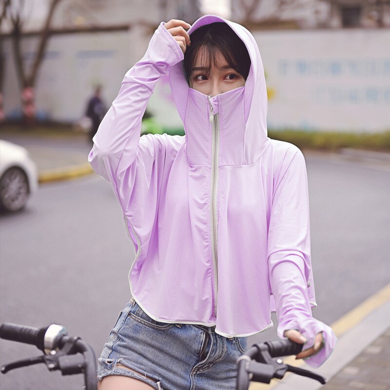 Womens Hooded Sun-protective Coats Anti-UV Tops Short Cycling Riding Jacket Breathable Quick Cool Dry: Purple