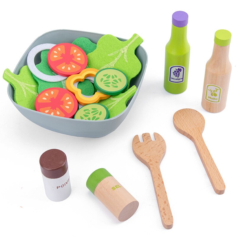 Wooden kids toy simulation hamburger fries set juicer coffee machine playhouse simulation real life kitchen utensils game toys: salad