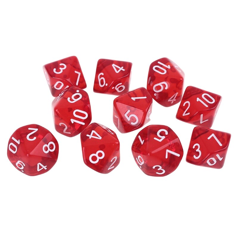 10 Stks/set Acryl Polyhedrale Dobbelstenen Transparante Kleuren 10 Zijdig Dices Tafel Board Playing Game Voor Bar Pub Club Party: Rood