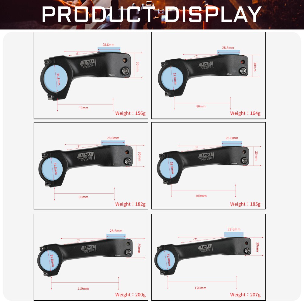 UNO Stem Road Bike -7 Degree Integrated Bicycle Handlebar Stem 31.8 Road Stem 70-120mm Handle Bar Extender Power Bicycle Road