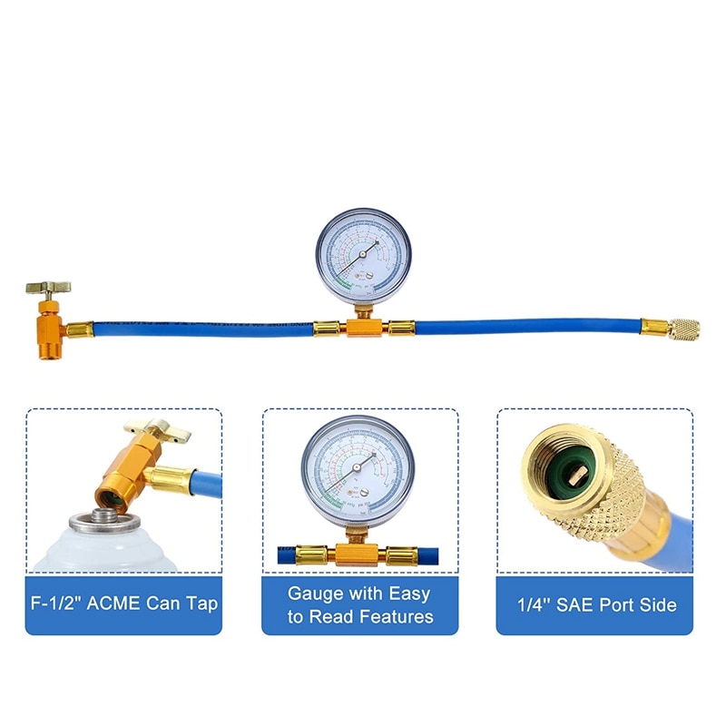 Air Conditioner A/C Oil Injector Tool R134A Low Side Quick with Gauge Refrigerant Inflation Hose R12 R134A Adapter