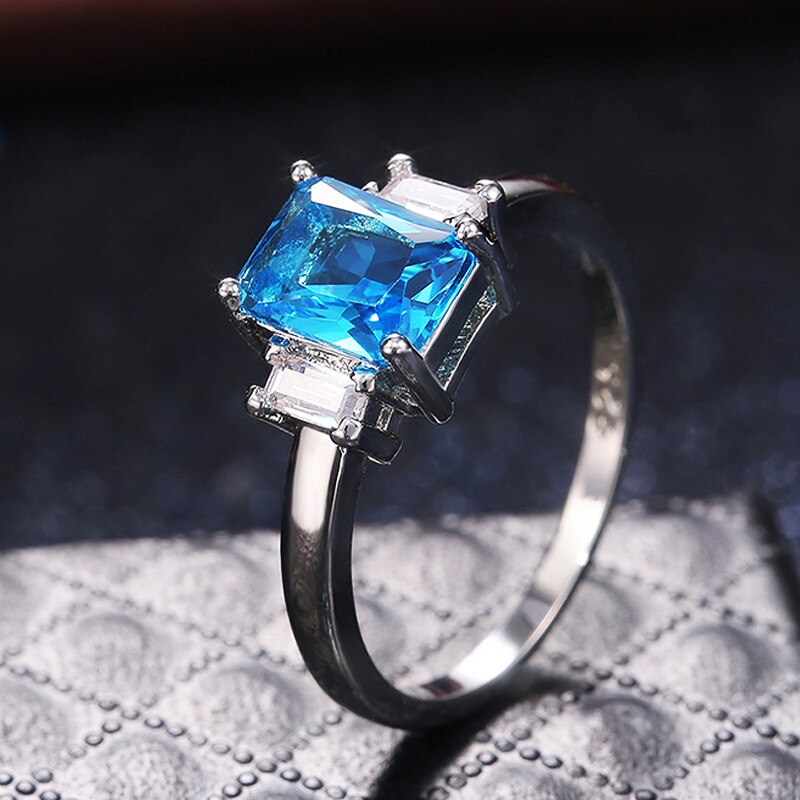 Huitan Luxury Sky Blue Square Zirconia Finger Rings for Women Wedding Jewelry Birthday Presents Factory Direct Selling Rings