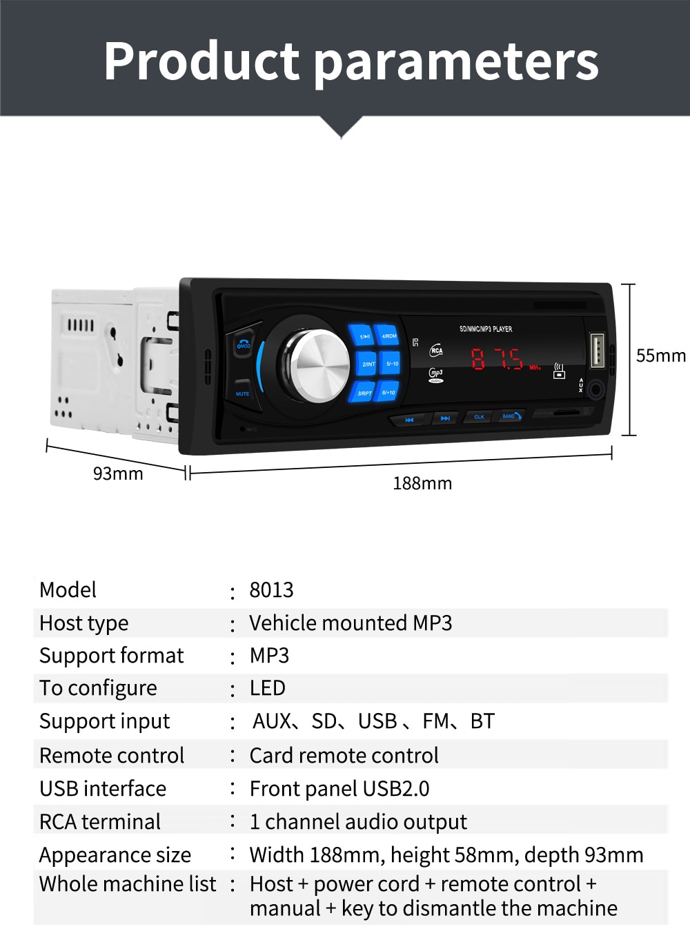 Hikity 1 Din Auto MP3 Multimedia Speler 12V Bluetooth Autoradio Autoradio Radio Fm Aux Ingang Ontvanger Usb/sd/AUX-IN