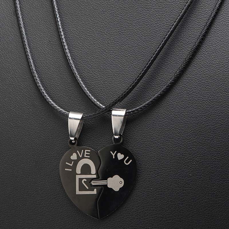Couple Necklace Two Halves of Heart Splicing Pendant Black Love Key and Lock Men and Women Love Heart Necklaces