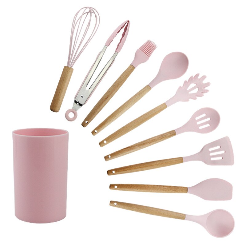 11 st silikon köksredskap set, rosa massivt trä handtag med förvaringslåda, köksutrustning kit köksredskap tillbehör: 9pc rosa c